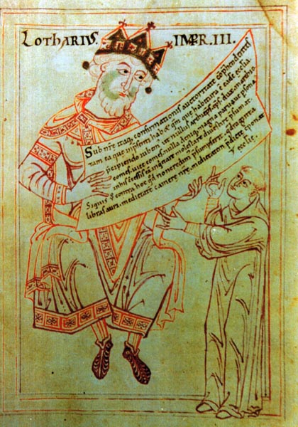 tl_files/Fotos/Allgemein/Kaiser_Lothar_und_Kaiserin_Richenza/Lothar-III-mit-Exemtionsurkunde-fuer-Kloster-Formbach-1136.jpg